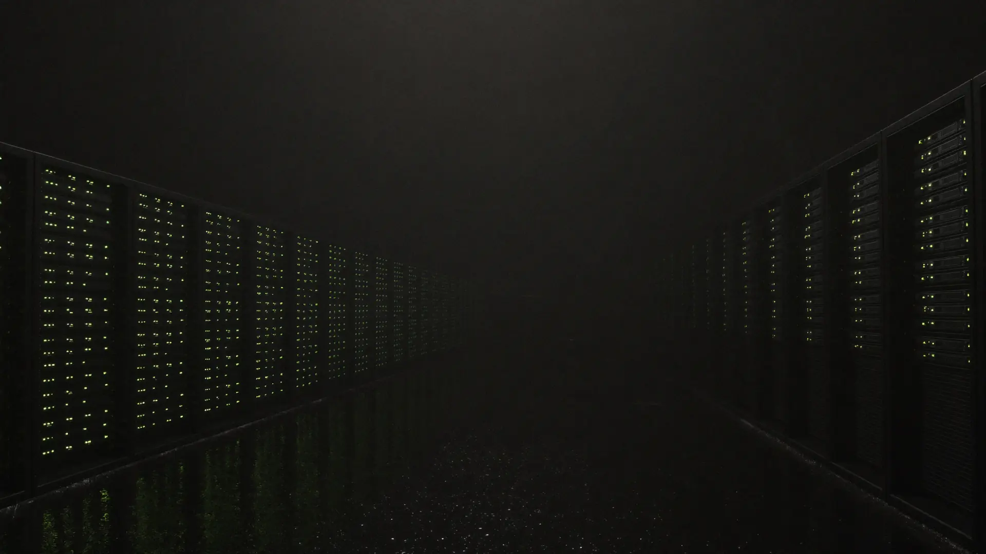 Dark server corridor with green status lights