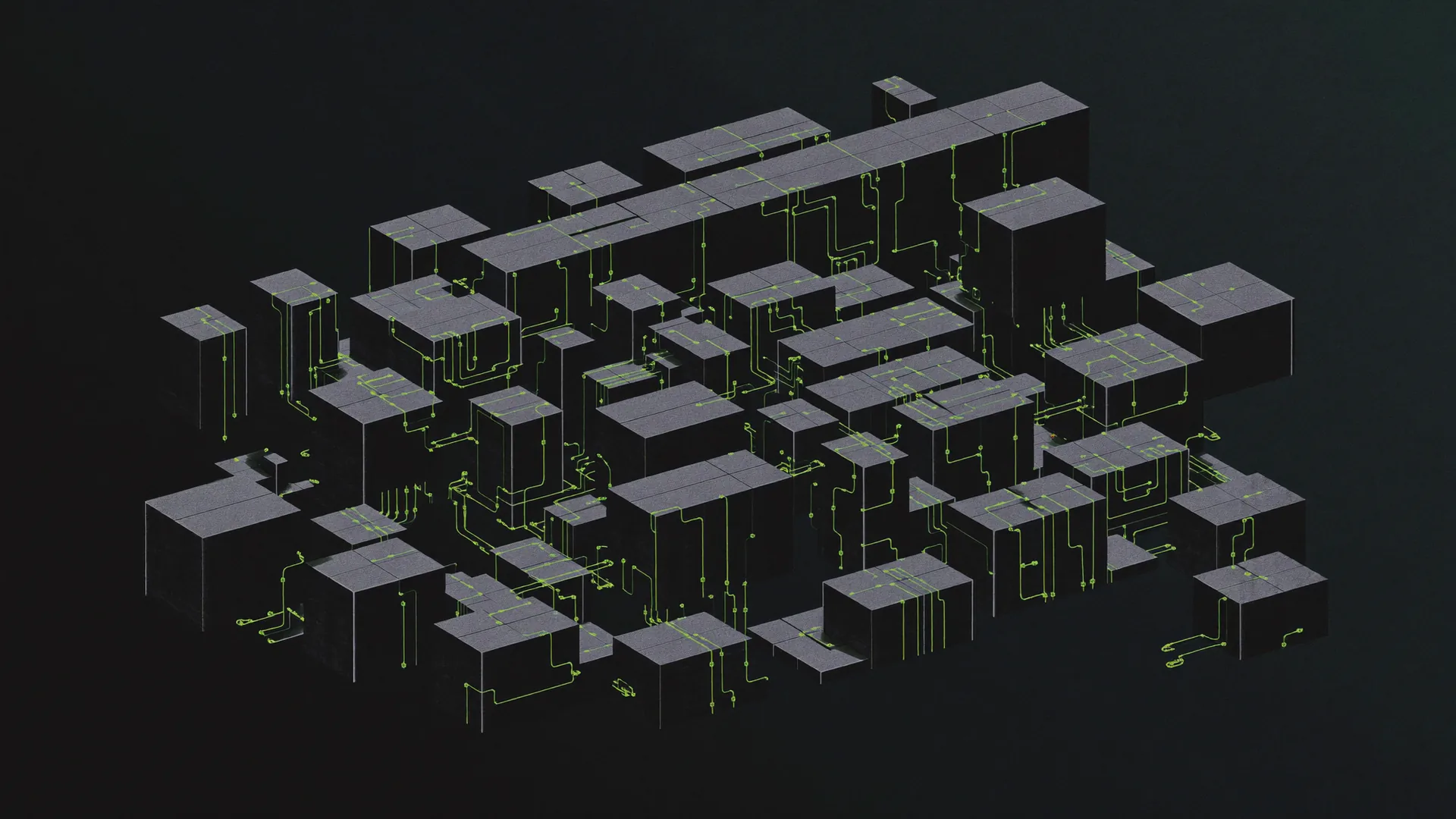 Exploded isometric diagram of dark modular blocks connected by glowing circuit lines