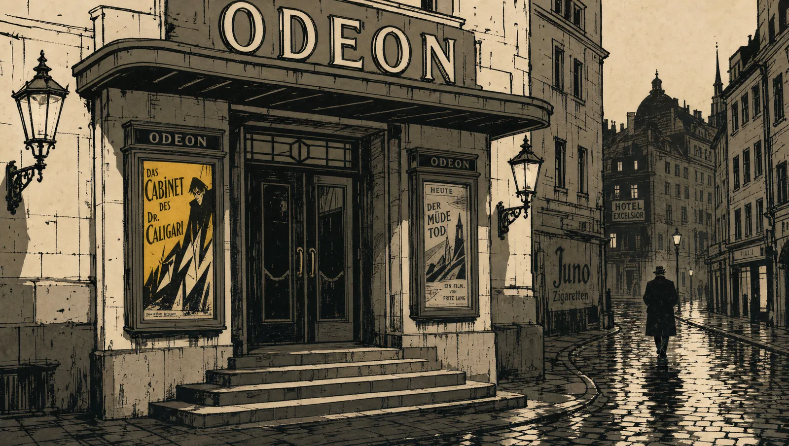 The Odeon Theatre's facade at night
