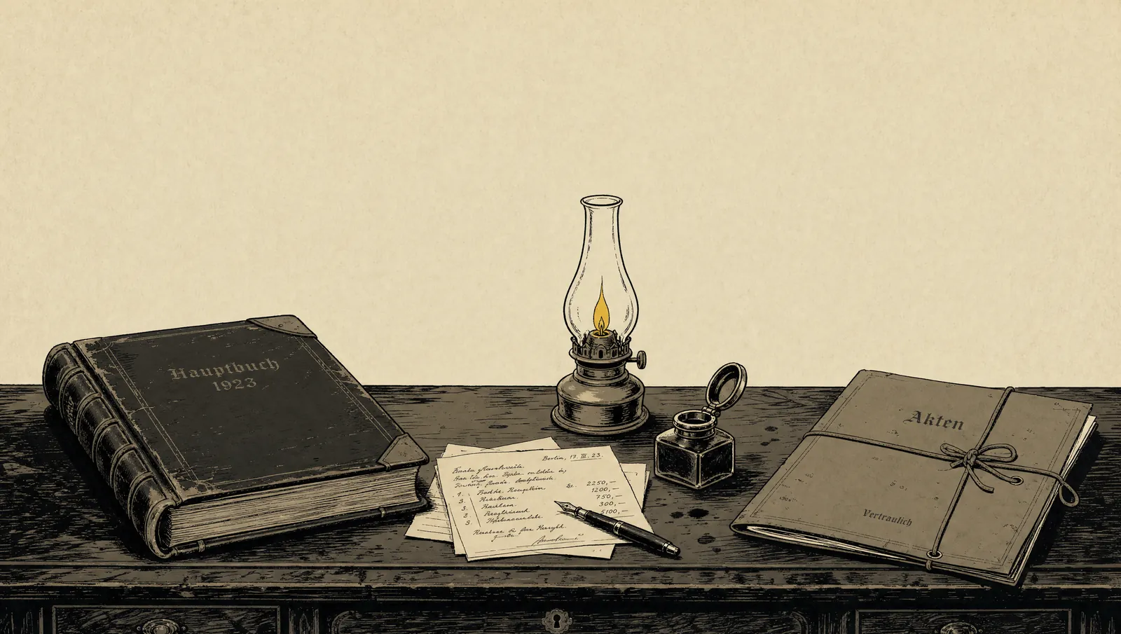The director's desk: the Hauptbuch 1923 ledger, an oil lamp, a sealed dossier