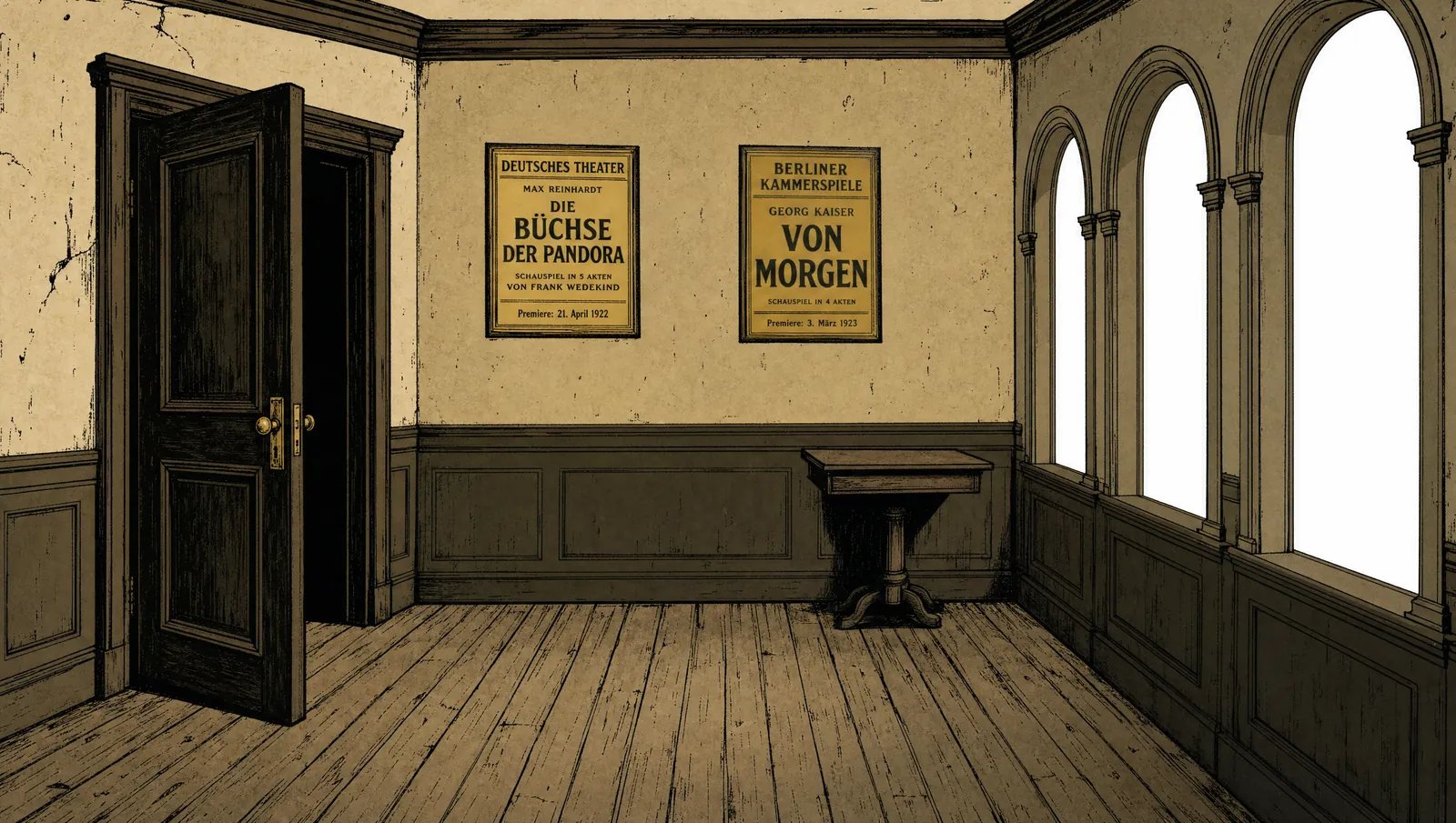 The director's office: old playbills on the wall, a door left open