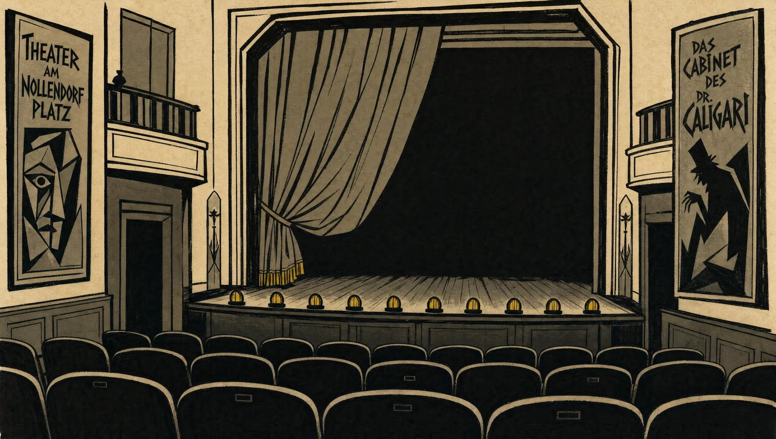 The Odeon's auditorium: curtain half open, stage lights burning yellow